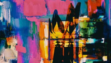 Abstract schilderij met felle roze, blauwe, oranje en zwarte kleurvlakken